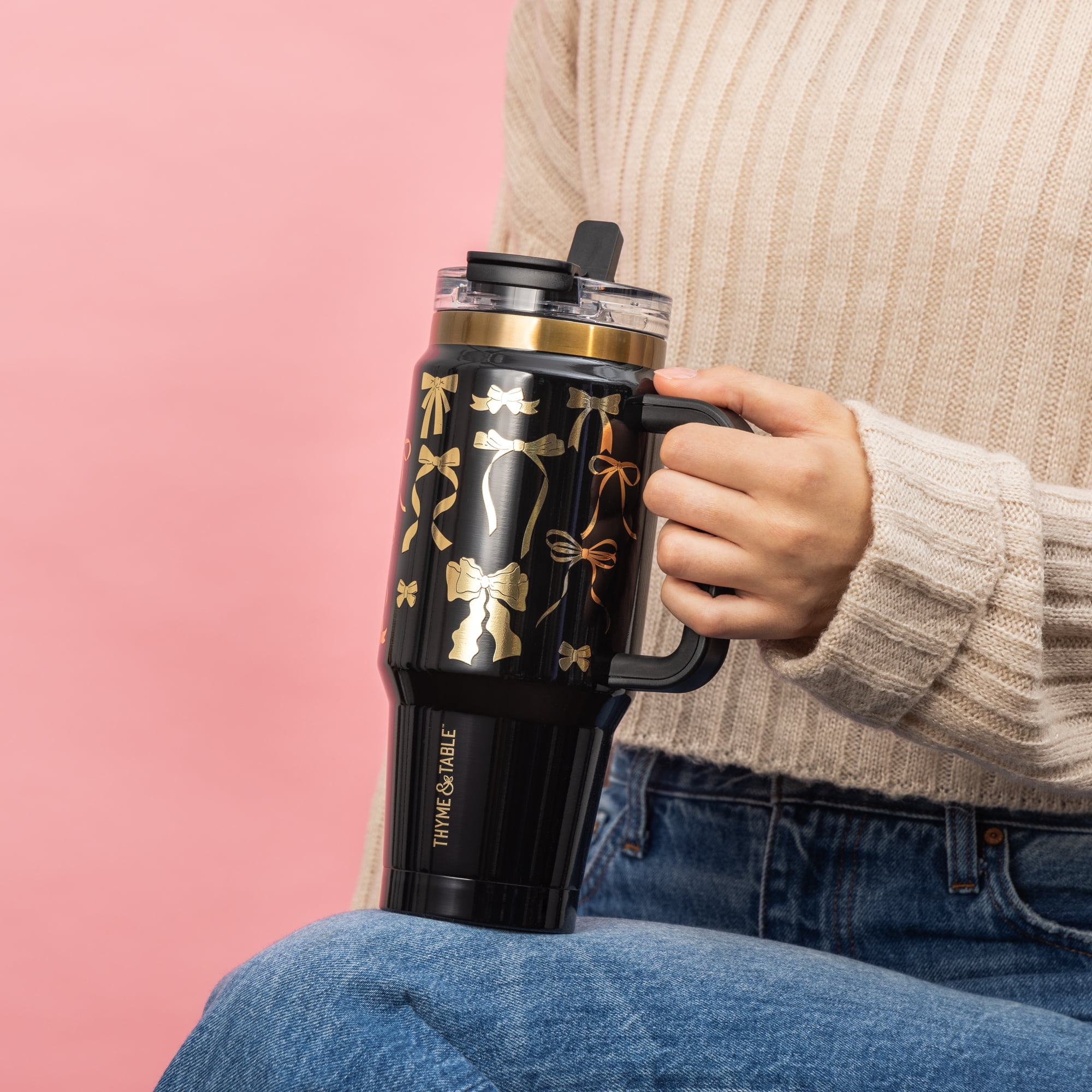 Thyme & Table 32 fl oz Stainless Steel Luna Tumbler with Handle and Dual Straw Lid, Black & Gold Bows