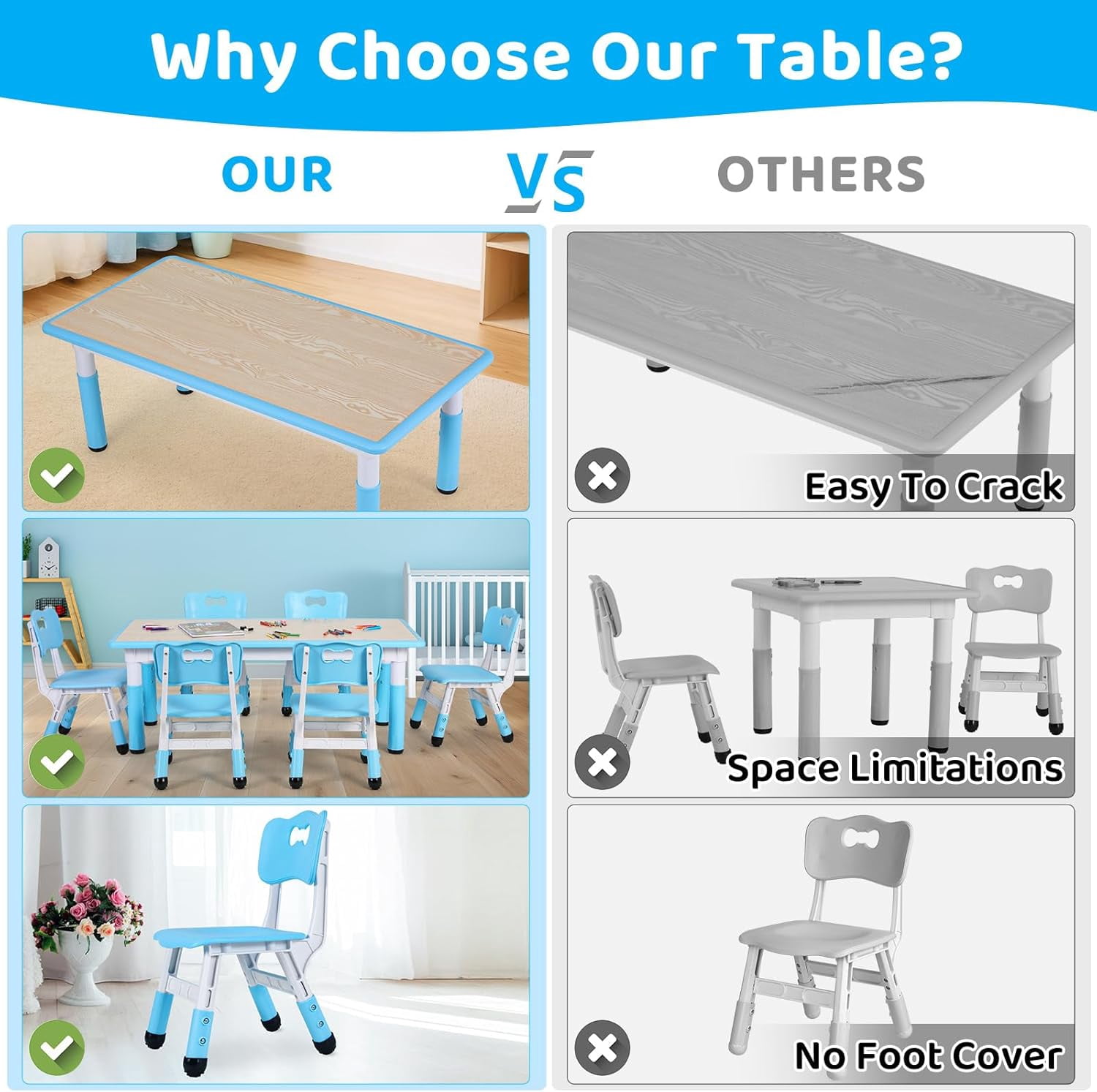 Pirecart Kids Table and 6 Chairs Set for Ages 2-10, Height Adjustable Children Arts & Crafts Table with Graffiti Desktop, Blue
