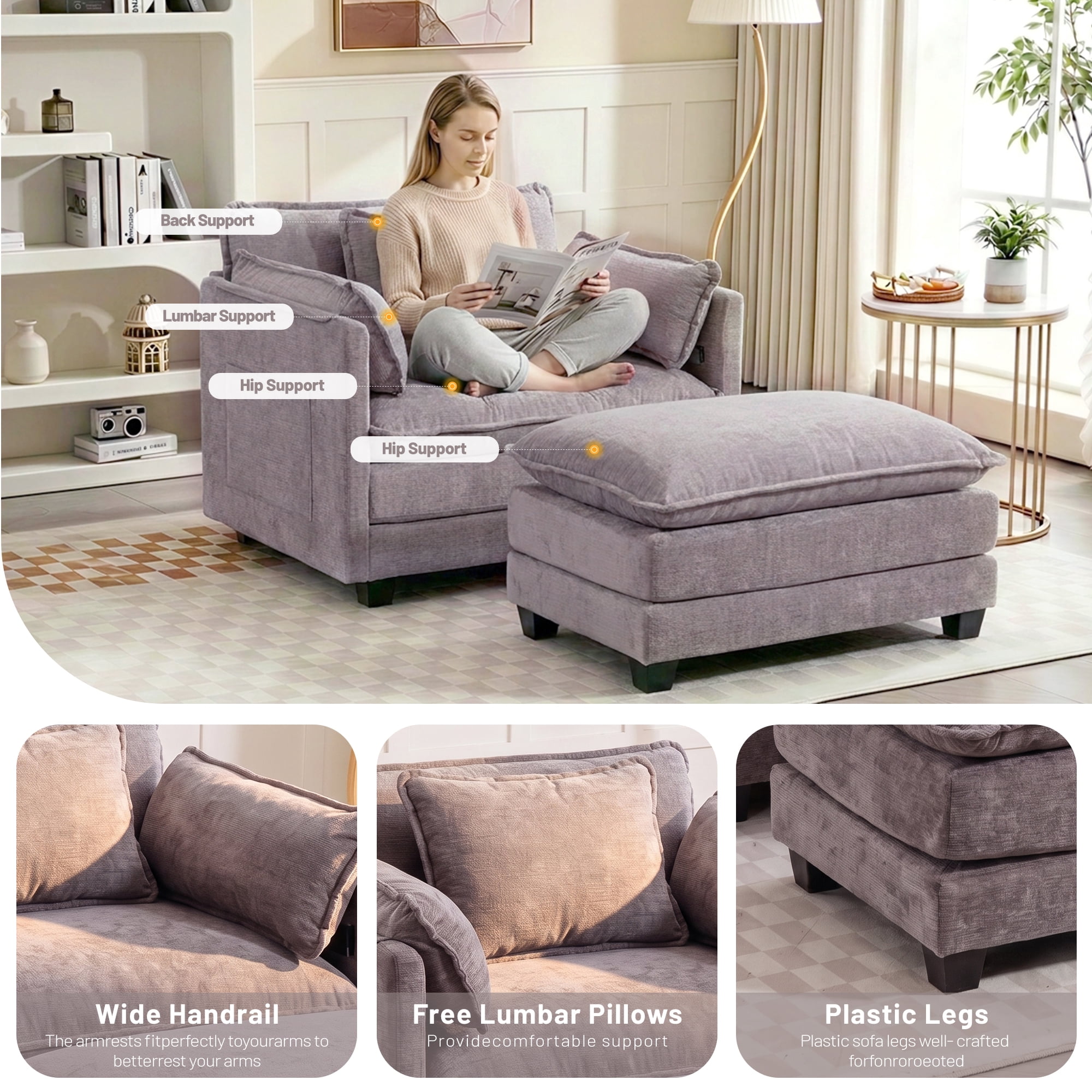 39.76" Oversize Accent Chair wirh Ottoman Armchair Set with Side Pocket