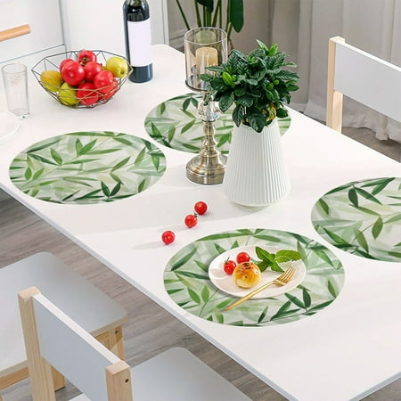 

Round Grid Placemat One Sizex6 Round Placemat PVC Plate Mat，15.4 Inch Non-Slip and Heat Resistant Table Placemat Dining Room Placemat Green Bamboo Leaves