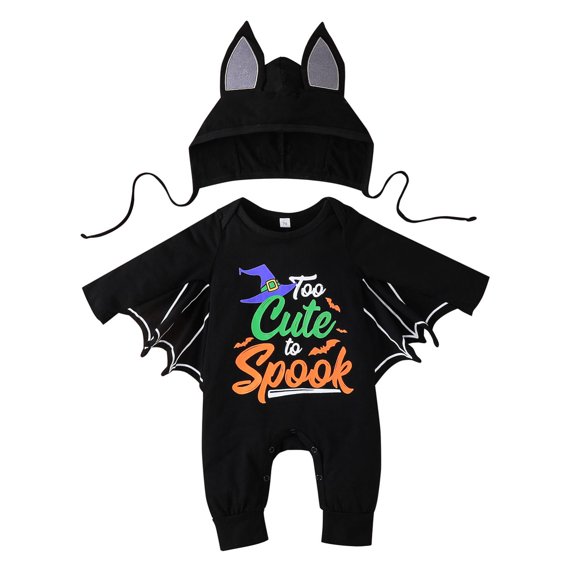 Bysome Toddler Girls Boys Romper Size 0-3 Months Halloween Cartoon Prints Hat Outfits Long Sleeve Crew Neck Cute Print Kids Jumpsuit Black