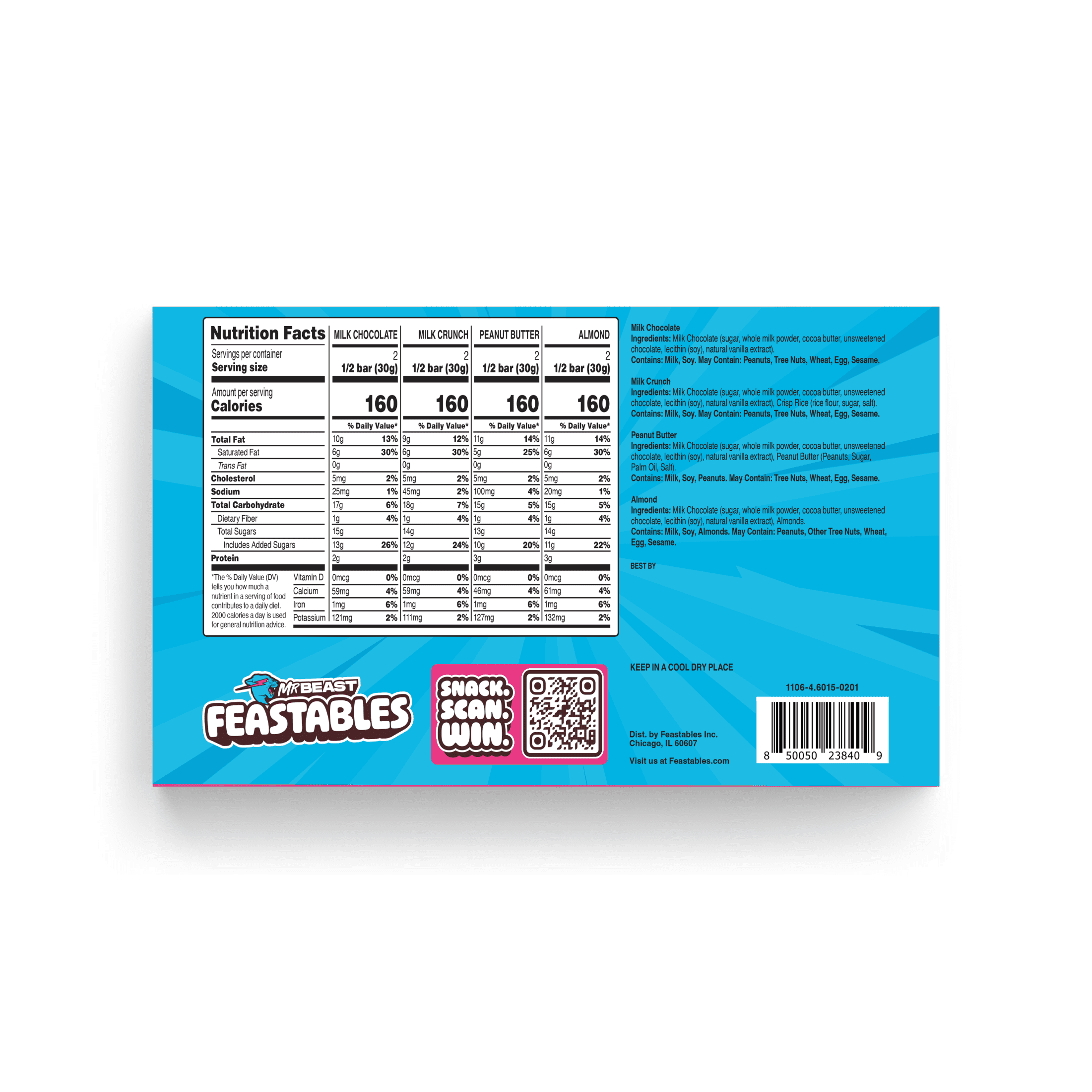 Feastables MrBeast Paquete Variado de Muestras de Barras de Chocolate con Leche 2.1 oz (60 G), 4 Unidades