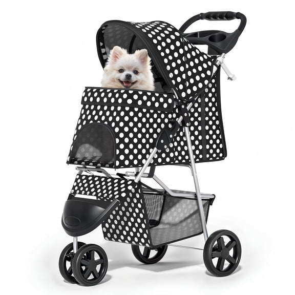 3 Wheels Pet Dog Cat Stroller for Small Medium Dogs Cats, Foldable Jogger Stroller w/Storage Basket and Cup Holder, Black Polka Dots