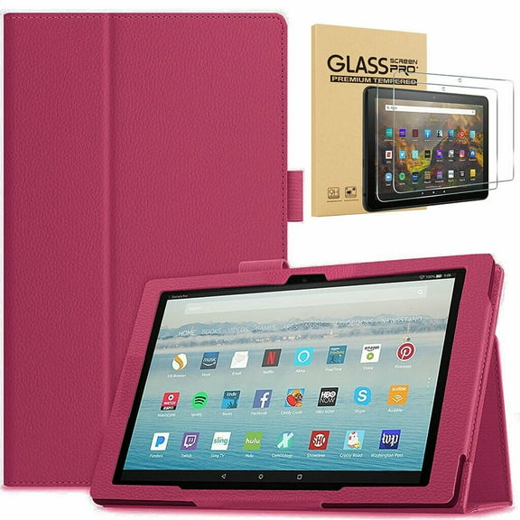 EpicGadget Case for Amazon Fire HD 10 Tablet (11th Generation, 2021 Released) With Auto Wake/Sleep PU Leather Folding Stand Cover   2PCS Fire HD 10 inch Tempered Glass Screen Protectors (Pink)