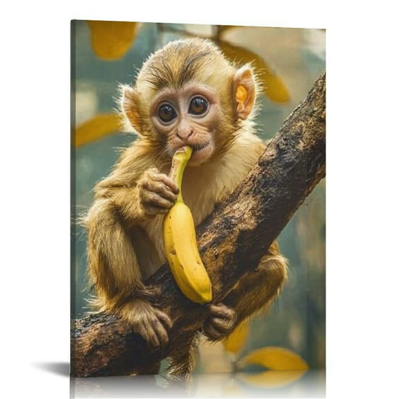 Patifu Monkey Banana Tree Print On Canvas Wall Art For Home Decor 12x16 in