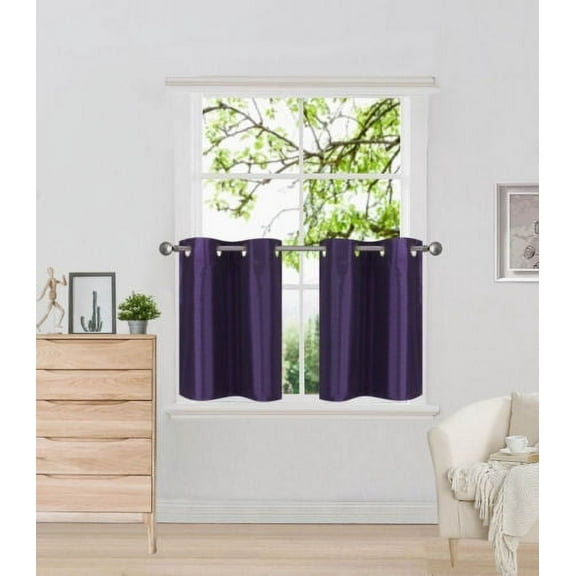 N29 Purple 2-Piece Solid Faux Silk Short  Window Curtain Set, Two (2) Grommets Panels 30" Wide x 24" Length Each