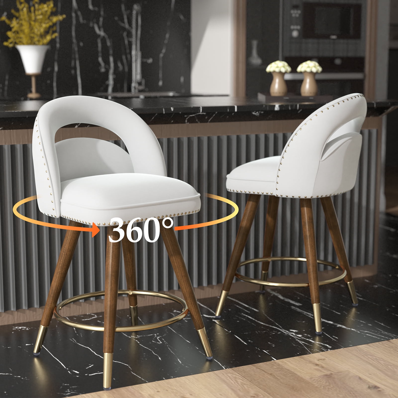 Ninecer 24" Counter Height Swivel Bar Stool Set of 4, Cream Velvet Upholstered Bar Stool with Back, Gold-Tipped Wood Legs, Thick Cushion Seat and Footrest, Modern Stool for Home Kitchen Island