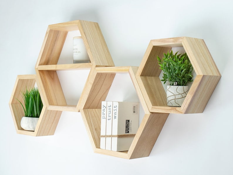 Geometric Hexagon Honeycomb Natural Wood Floating Shelves (4 Count)