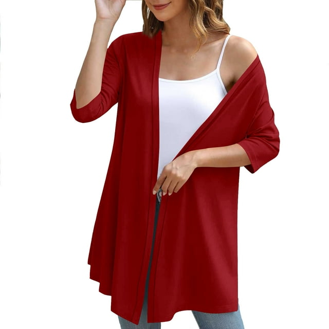 Womens Open Front Long Cardigans 3/4 Sleeve Flowy Lightweight Cardigan Tops Draped Ruffle Soft Outwear Blouse Red, S