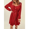 thumbnail image 3 of Asyoly Womens Dresses Long Sleeve A Line Dress Pleated Button Swing Mini Dress Solid Crewneck Elastic Waist Short Dress with Pocket, 3 of 7