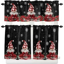 Christmas Gnomes Kitchen Curtains and Valances Set, Rod Pocket Curtains Tier Farmhouse Window Curtains 36 Inch Length, Xmas Red Flowers Leaves Snowflake Black 3 Piece Kitchen Curtains Set