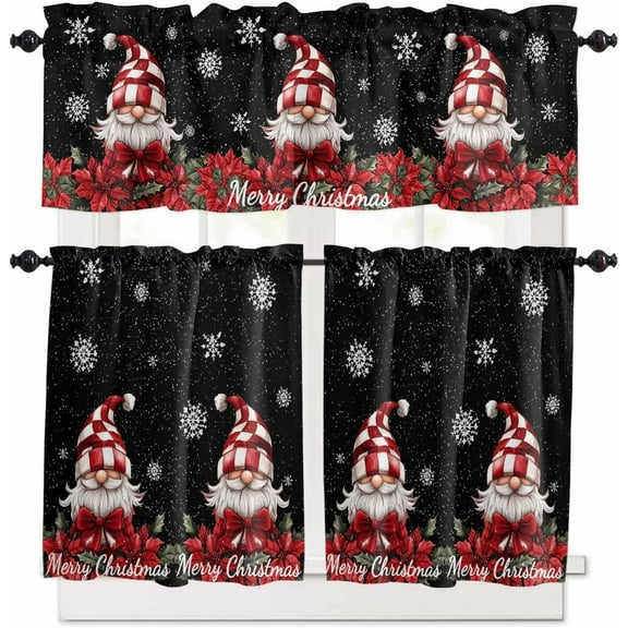 Christmas Gnomes Kitchen Curtains and Valances Set, Rod Pocket Curtains Tier Farmhouse Window Curtains 36 Inch Length, Xmas Red Flowers Leaves Snowflake Black 3 Piece Kitchen Curtains Set