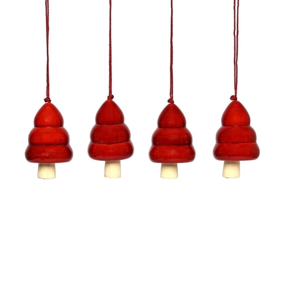 Christmas Décor Handcrafted Eco-friendly Red Wooden Tree Bell Hangings - Set of 4