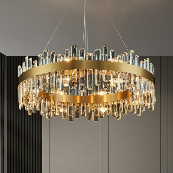 HOOMEDELIER 31.5" Modern 16-Light Round K9 Crystal Chandelier - Gold Dimmable Pendant Light for Dining Room, Living Room & Kitchen Island