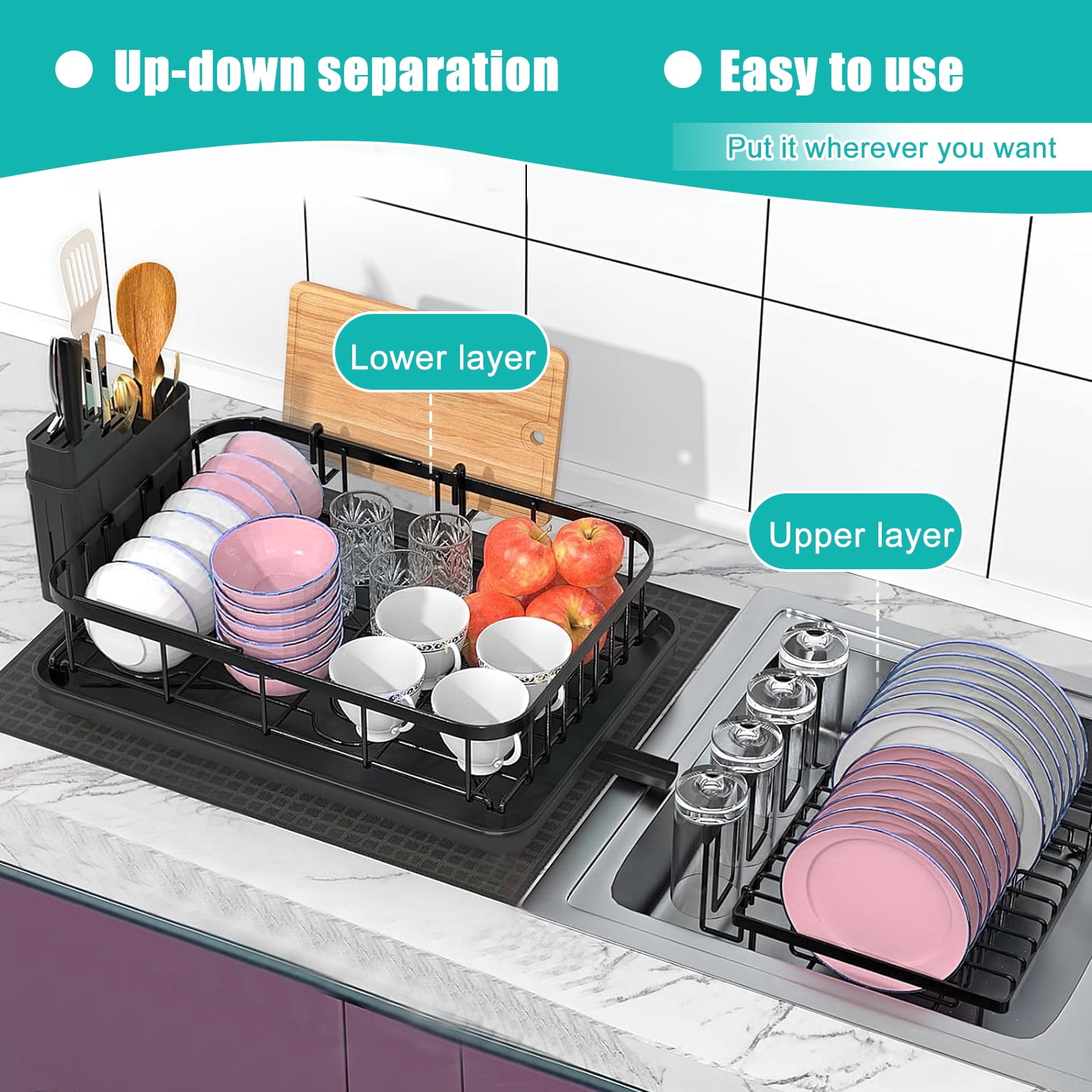 Dish Drying Rack, Dish Rack，Dish Drainers，Kitchen Accessories，Dish Racks with Drain Board，Large Dish Drying Rack，Dish Rack Over The Sink，Drying Rack Kitchen