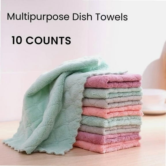 10pcs Double-Sided Microfiber Kitchen Towels, reusable & durable for dishes, sinks, pots, pans, furniture. Random colors.
