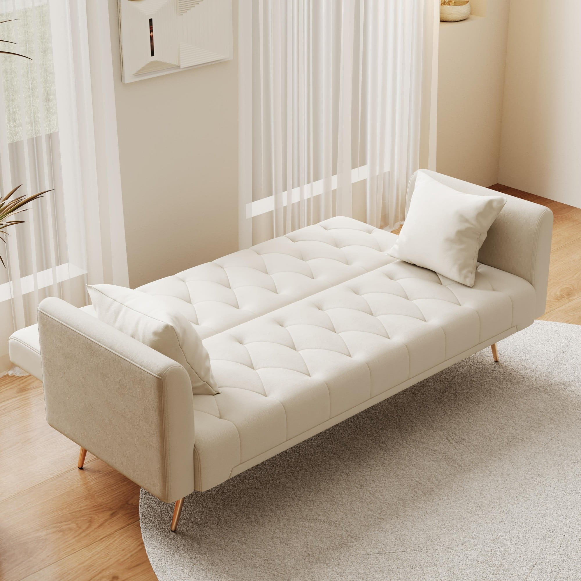 Jopath Velvet Futon Sofa Bed,Convertible Sleeper Couchwith Adjustable Backres & 2 Pillows for Small Spaces,Living Room,Beige02