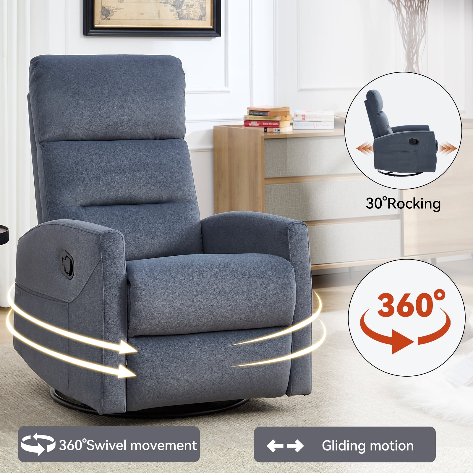 Aukfa 360° Swivel Manual Recliner Chair, Overstuffed Nursery Glider Chair for Living Room, Gray