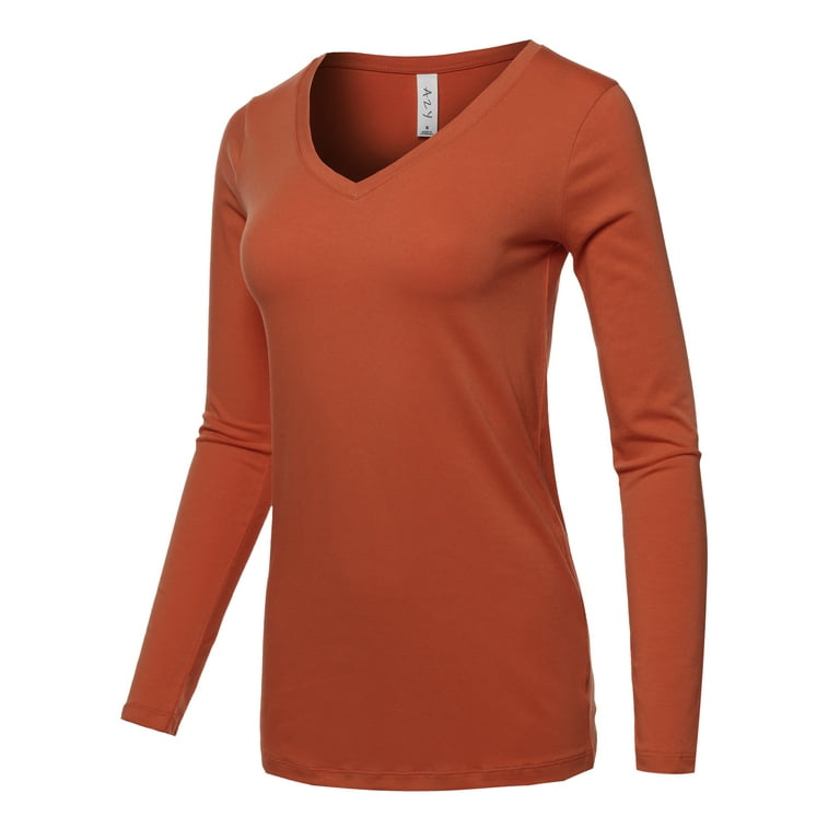 A2Y Women's Basic Solid Soft Cotton Long Sleeve V-neck Top T-shirt