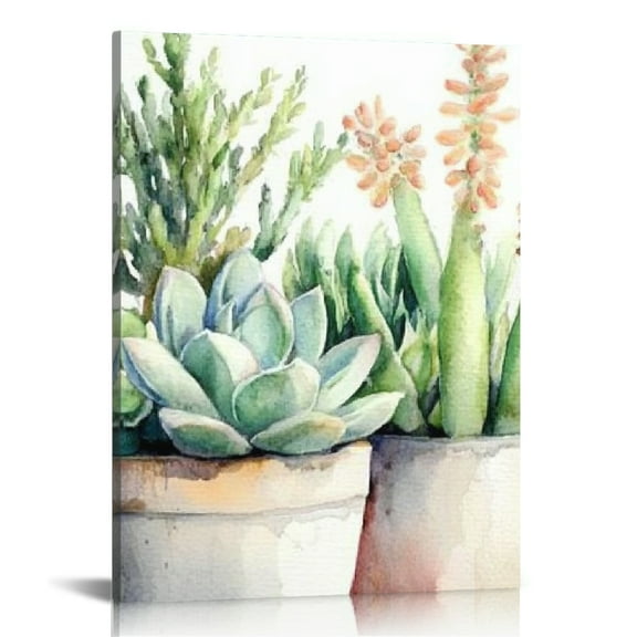 ZFLMY Potted Plant Succulents Watercolor Canvas Print Wall Art for Home, Living Room, Bathroom, Bedroom & Office - Ready to Hang 12x16in
