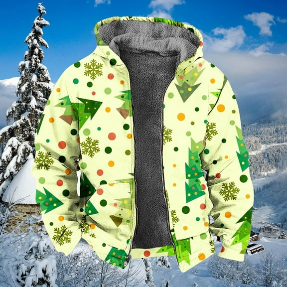 guisaled Christmas Jackets for Men Printed Fleece Lined Thicken Warm Coats Hooded Zip Up Windproof Waterproof Winter Jacket