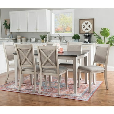 Powell Drew 7-Piece Farmhouse Acacia Dining Table with Chairs, White/Gray