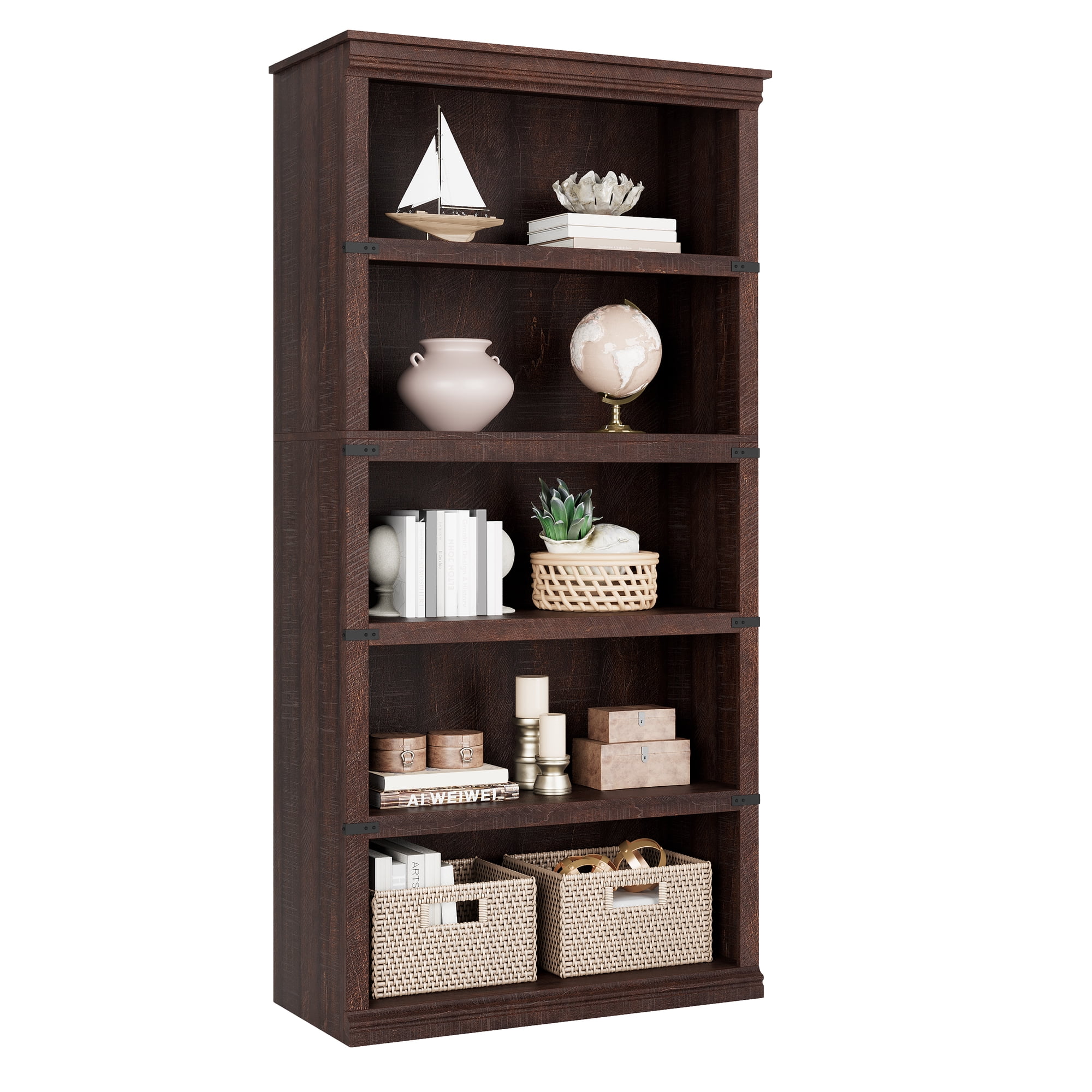Farmhouse 5-Tier Tall Bookcase, Heavy Duty Wooden Bookshelf with Colonial Molding, Freestanding Storage Display Shelf with Anti-Tip Kit for Living Room and Home Office