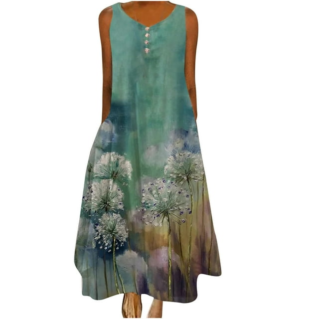 Leutsin Robe Longue Décontractée pour Femmes à Imprimé, Dégradé, Col Rond, Sans Manches, Grande Taille