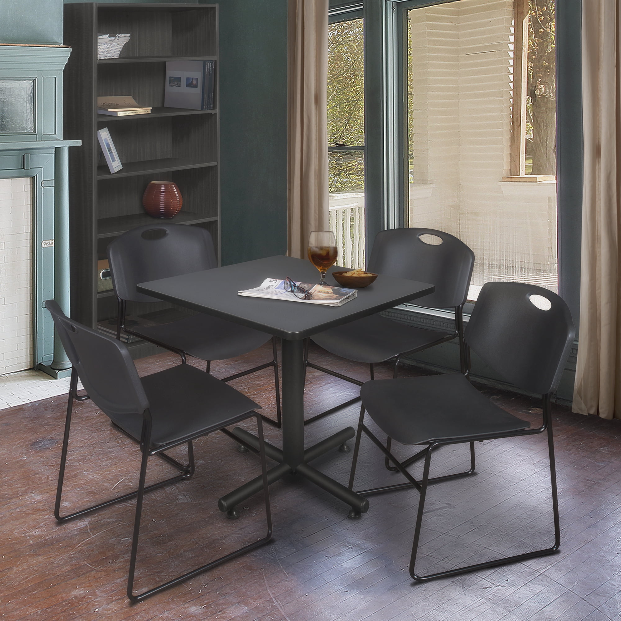 Regency Square Table with 4 Zeng Stack Chairs in Grey and Black