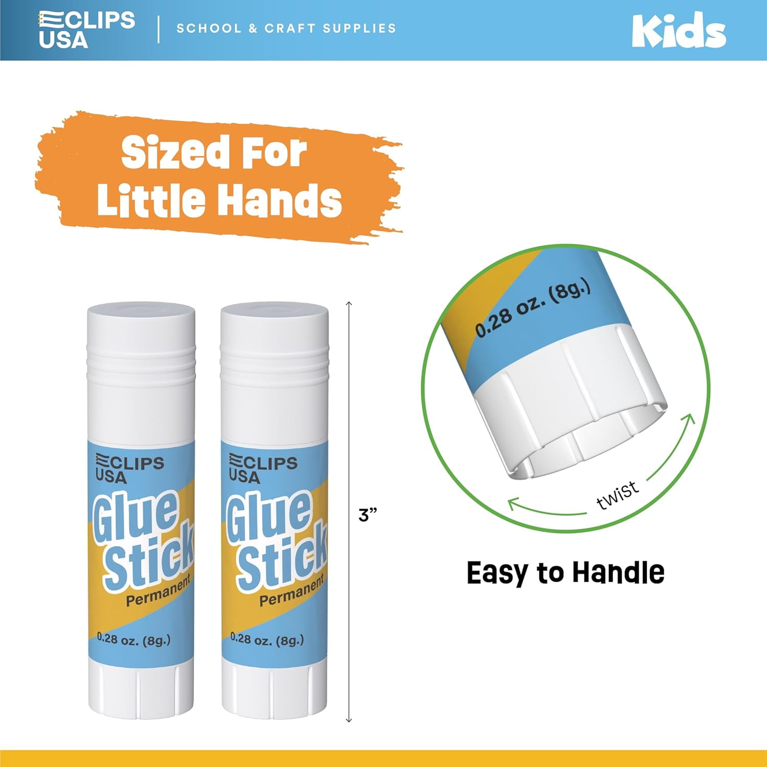 E-Clips USA Washable Glue Sticks for Arts & Crafts and Learning Supplies, 250-Pack