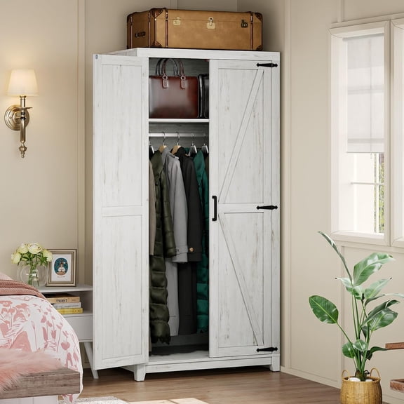 70" Large Armoire Wardrobe Closet with Hanging Rod, Farmhouse Clothing Storage Cabinet with 2 Barn Doors, Wooden Tall Bedroom Armoires with Shelf, Distressed White