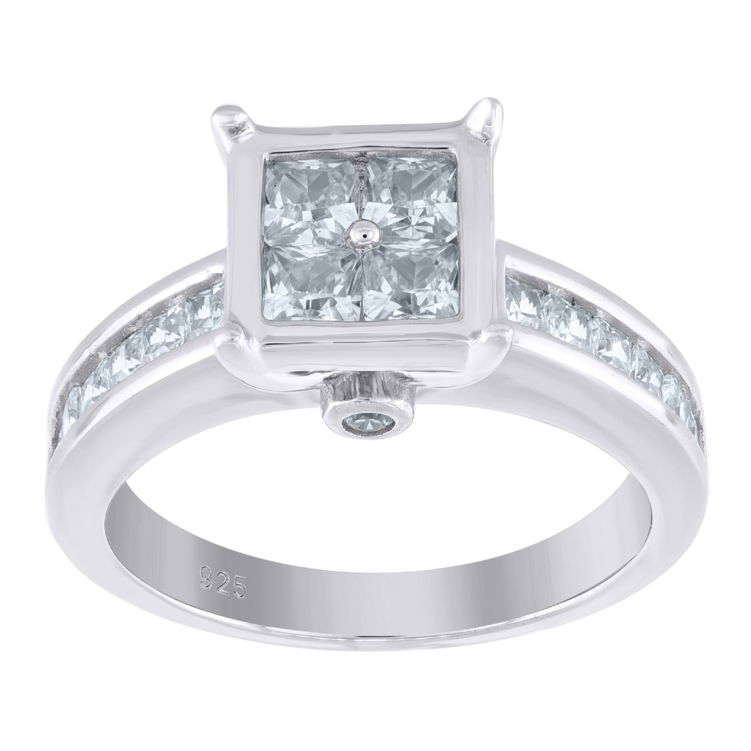 Princess Kylie Square Stone Cubic Zirconia Center Baguette Sides Bridal Ring Sterling Silver
