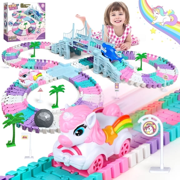 Flooyes DIY Unicorn Track Car, Track Toy For Girls 3 4 5 6 Year Old Gift