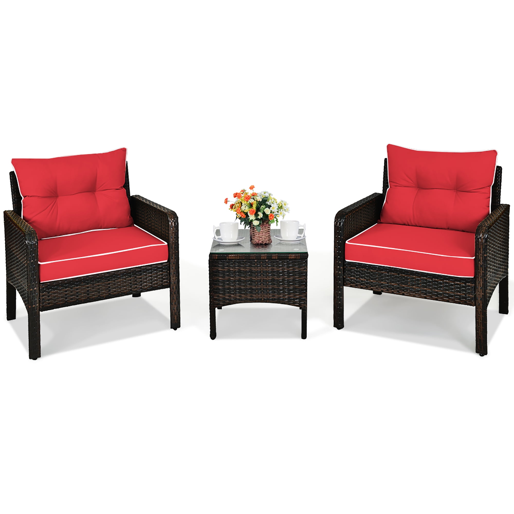 Costway 3PCS Outdoor Rattan Conversation Set Patio Furniture Cushioned Sofa Chair Red