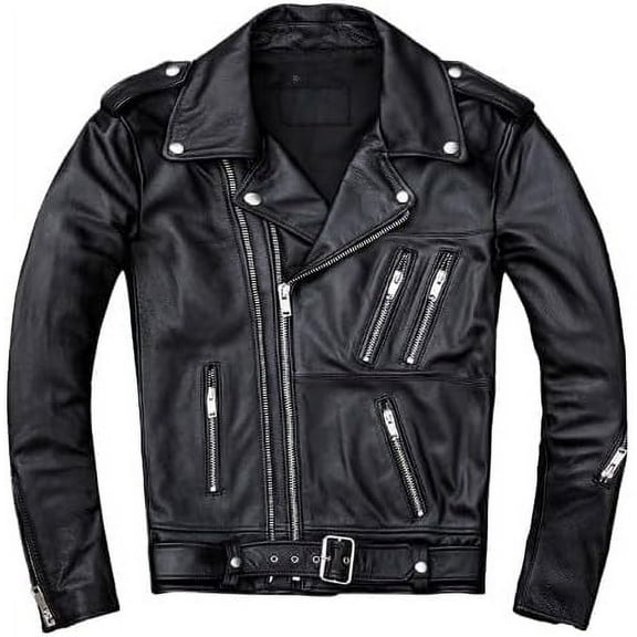 HIDE CRAFTS Men's Sheepskin Leather Biker Jacket, Quilted Collar, Moto Style, Brown White (US, Alpha, X-Large, Regular, Regular, White and Brown)