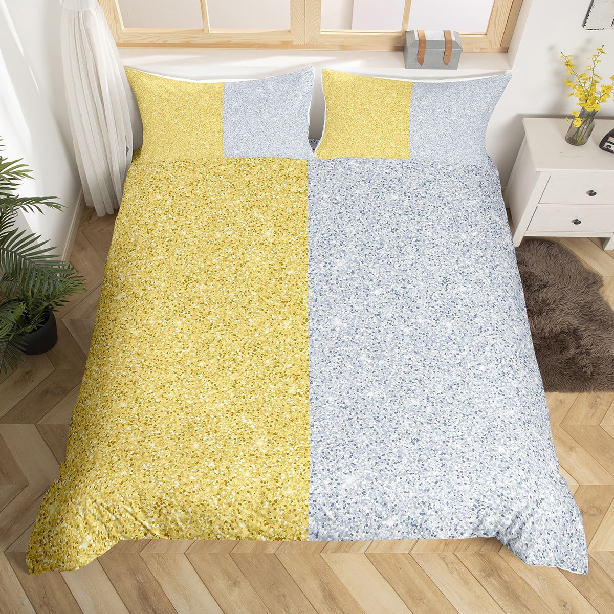 Couple Glitter Ombre Bedding Set Twin,Gold Silver Grey Gradient