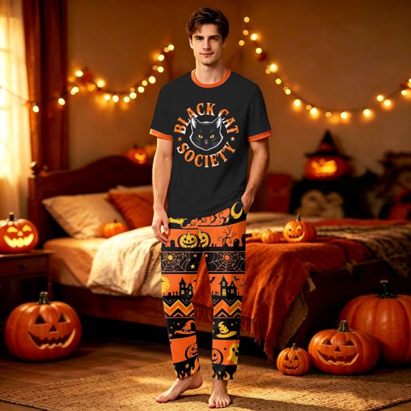 Halloween Family Matching Pajamas Short Sleeve Black Cat Print Top Pumpkin Ghost Pattern Long Pants Family Sleepwear Set