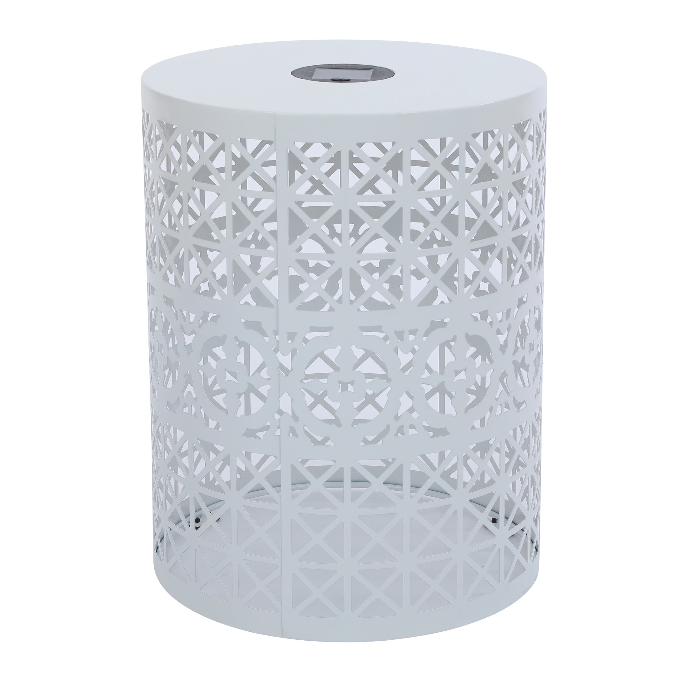 Iron Outdoor Patio Side Table with Solar Powered Light, White
