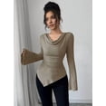 thumbnail image 4 of Women Long Sleeve Cowl Neck Ribbed Knit Fall Shirts Slim Fit Ruched Going Out Crop Tops Basic T-Shirts Khaki XXL, 4 of 9