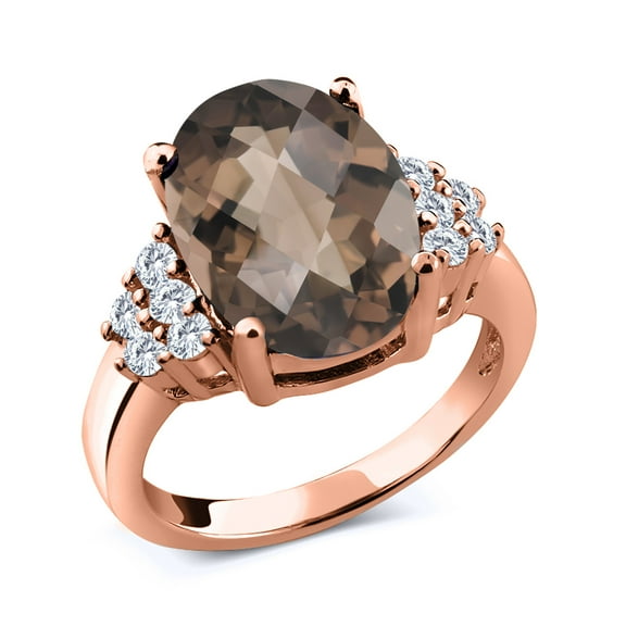 Gem Stone King 18K Rose Gold Plated Silver Ring Oval Checkerboard Brown Smoky Quartz and Moissanite (5.18 Cttw, Size 9)