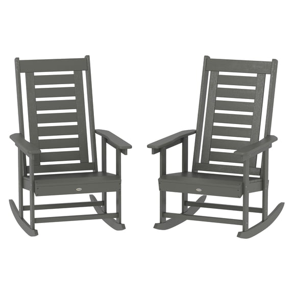 Outdoor Rocking Chairs 2-Piece Set, HDPE Patio Rockers, 28" High Back, Wide Armrests, Dark Gray, Porch/Backyard Rockers for Relaxing
