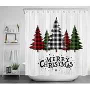 HVEST Christmas Shower Curtain for Bathroom,Checkered Xmas Tree on Rustic Wooden Shower Curtain,Winter Farmhouse Polyester Waterproof Decor Accessories Bath Curtain with Hooks,72x78 Inches