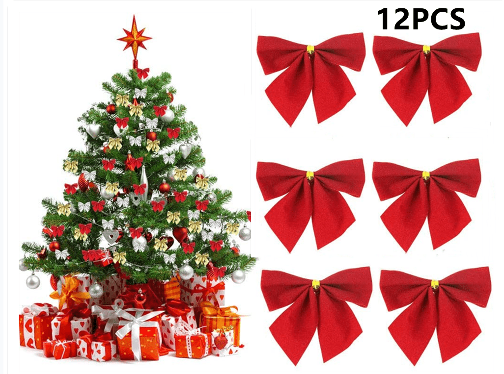 12 Pieces Christmas Bows Ornaments for Xmas Tree Ribbons Glitter