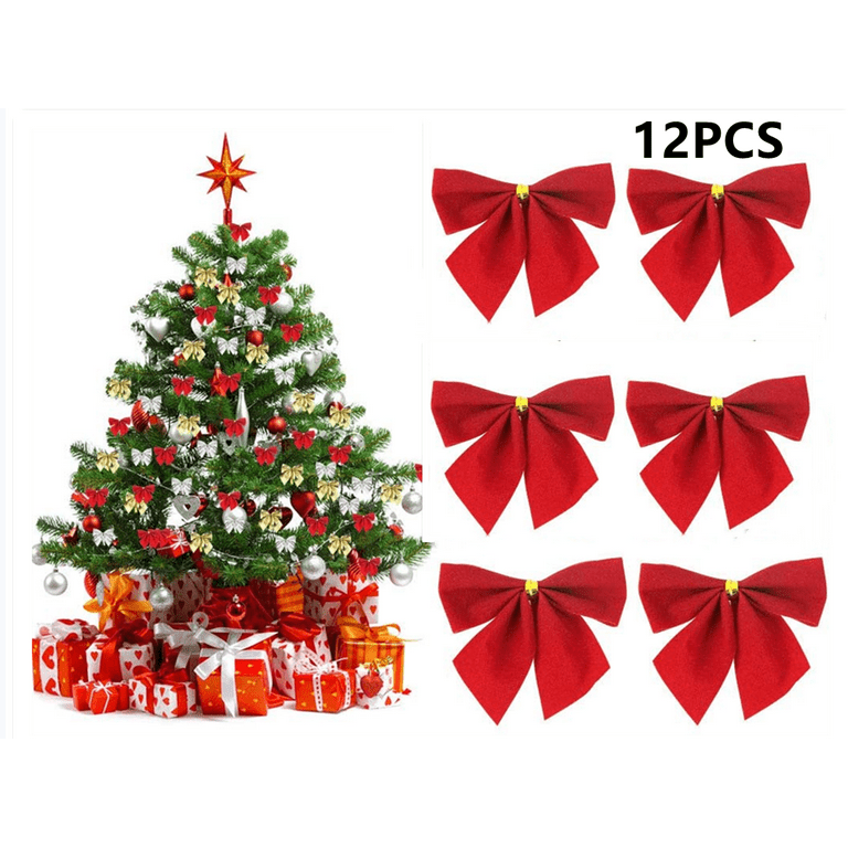 12 Pieces Christmas Bows Ornaments for Xmas Tree Ribbons Glitter