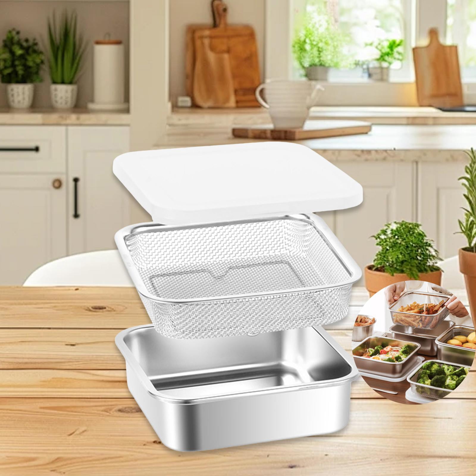 Stainless Steel Container Food Storage Box Colander Set Reusable 1500ml with Airtight Seal for Lettuce and Berries