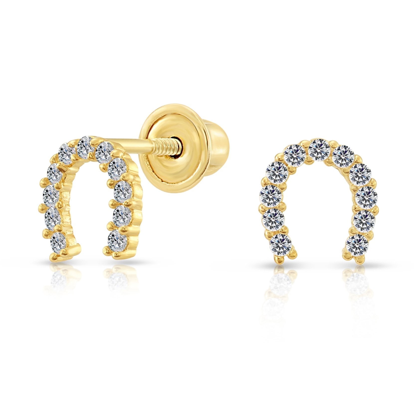 Tilo Jewelry 10K Yellow Gold Tiny Horseshoe CZ Stud Post Earrings with Secure Screw-Backs | Everyday Dainty Small Earrings for Women & Unisex