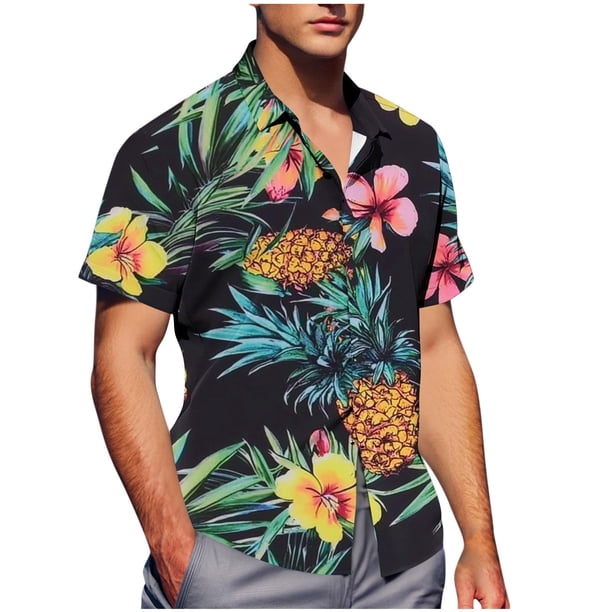 Mens Casual de Manga Corta Botón Abajo Camisas de Impresión Turndown Cuello Botón Camisa Poliéster, Moda de Verano Superior para Hombres Al Aire Libre