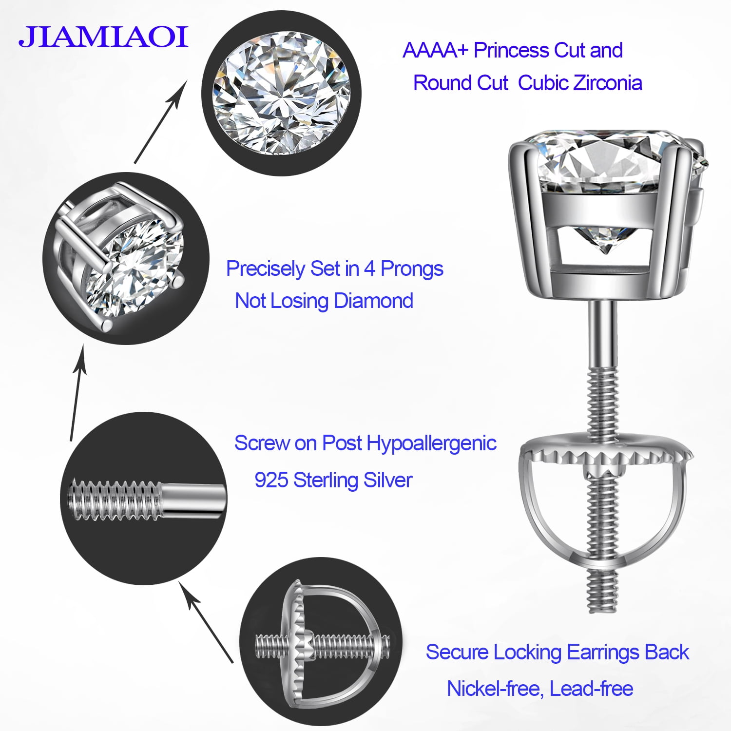 Jiamiaoi 18k White Gold Plated Simulated Diamond Stud Earrings Screw Back Sterling Silver Cubic Zirconia Stud Earrings Set 4 Millimeters-8 Millimeters