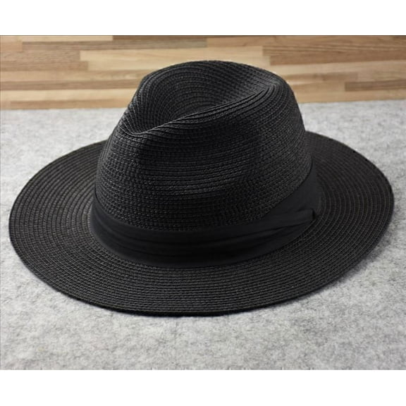 New Mens Ladies Panama Style Sun Hat Crushable Wide Brim Fedora Straw Summer Black-M-55-57cm