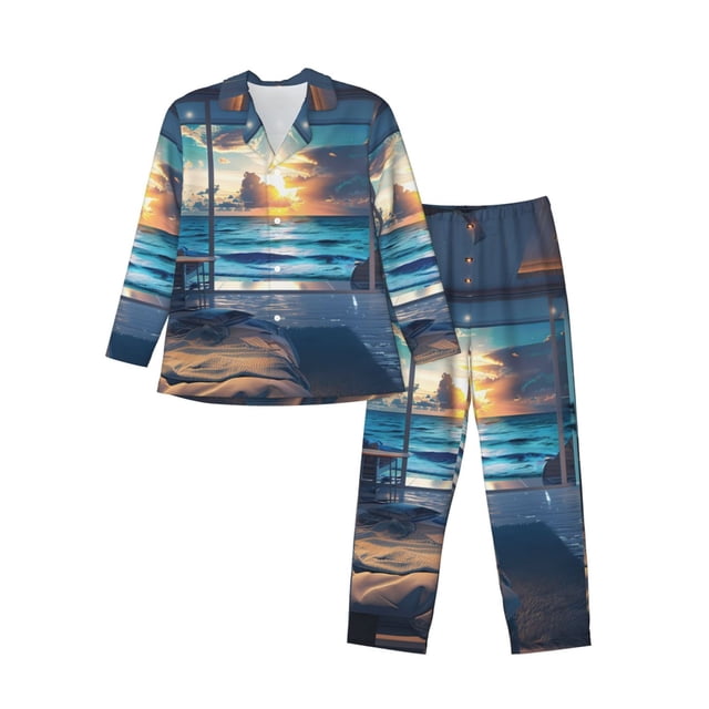 Balery Ocean View Bedroom Pijama para Hombre de Dos Piezas con Manga Larga, Conjunto de Dormir y Descanso Suave con Bolsillos-Large
